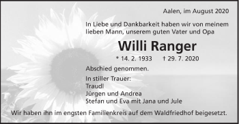 Traueranzeige von Willi Ranger von Schwäbische Post