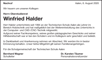 Traueranzeige von Winfried Halder von Schwäbische Post