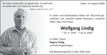 Traueranzeige von Wolfgang Lindig von Schwäbische Post