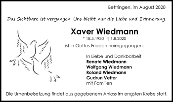 Traueranzeige von Xaver Wiedmann von Gmünder Tagespost