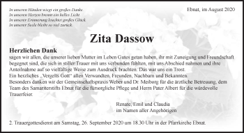 Traueranzeige von Zita Dassow von Schwäbische Post