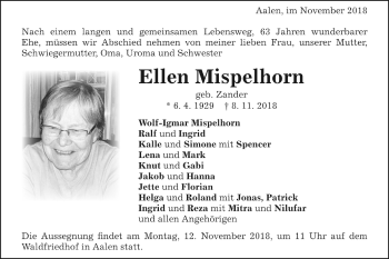Traueranzeige von Ellen Mispelhorn von Schwäbische Post