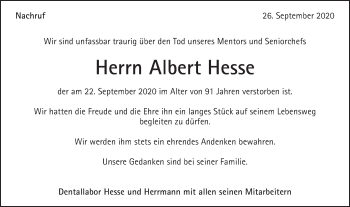Traueranzeige von Albert Hesse von Schwäbische Post