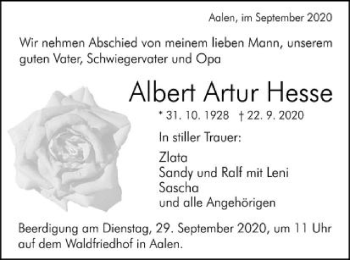 Traueranzeige von Albert Artur Hesse von Schwäbische Post