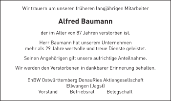 Traueranzeige von Alfred Baumann von Schwäbische Post