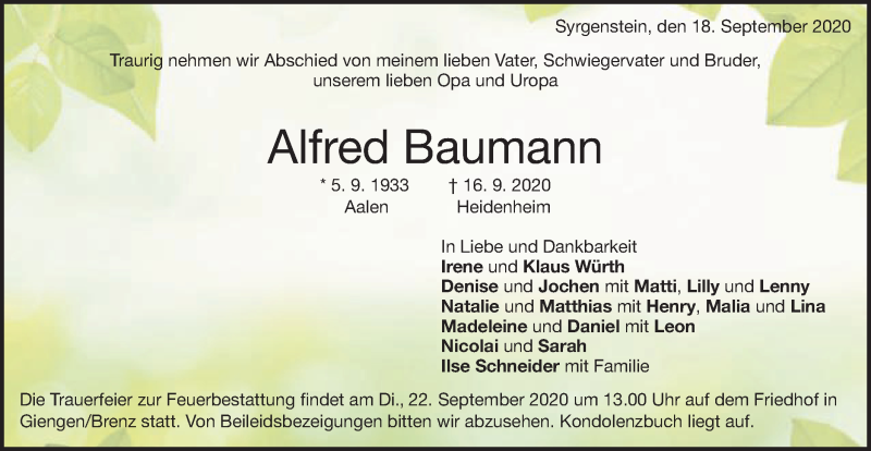  Traueranzeige für Alfred Baumann vom 18.09.2020 aus Schwäbische Post