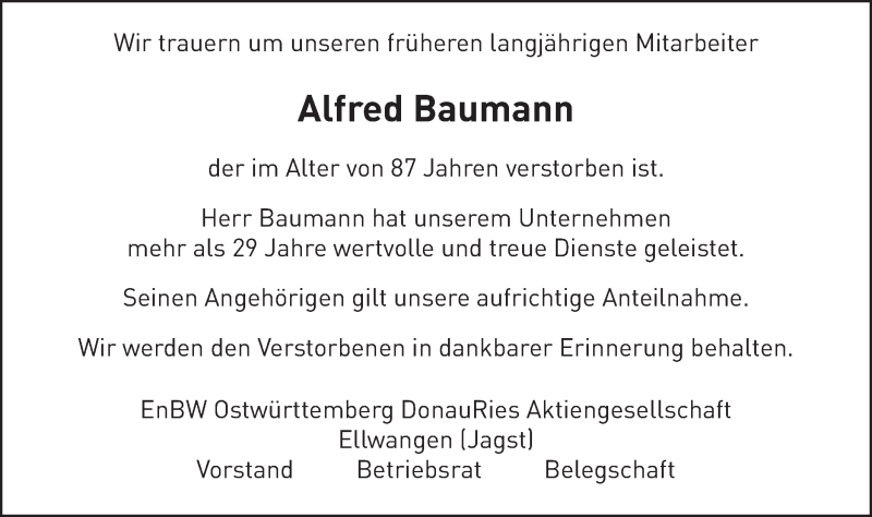  Traueranzeige für Alfred Baumann vom 19.09.2020 aus Schwäbische Post