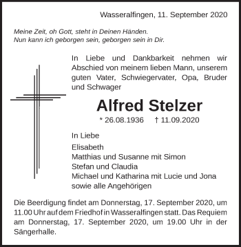 Traueranzeige von Alfred Stelzer von Schwäbische Post