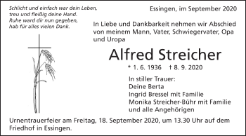 Traueranzeige von Alfred Streicher von Schwäbische Post