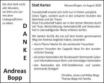 Traueranzeige von Andreas Bopp von Schwäbische Post