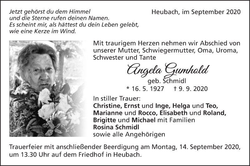  Traueranzeige für Angela Gumhold vom 11.09.2020 aus Gmünder Tagespost