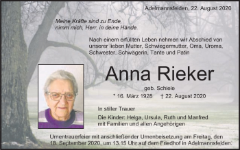 Traueranzeige von Anna Rieker