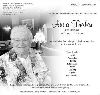 Traueranzeige von Anna Thaler von Schwäbische Post