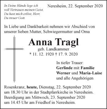 Traueranzeige von Anna Tragl von Schwäbische Post