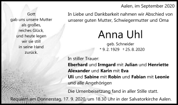 Traueranzeige von Anna Uhl von Schwäbische Post