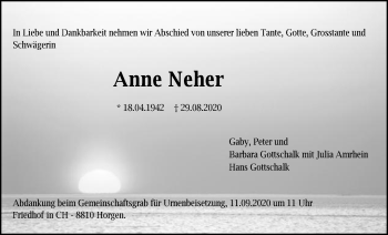 Traueranzeige von Anne Neher von Schwäbische Post