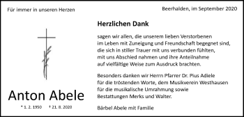 Traueranzeige von Anton Abele von Schwäbische Post