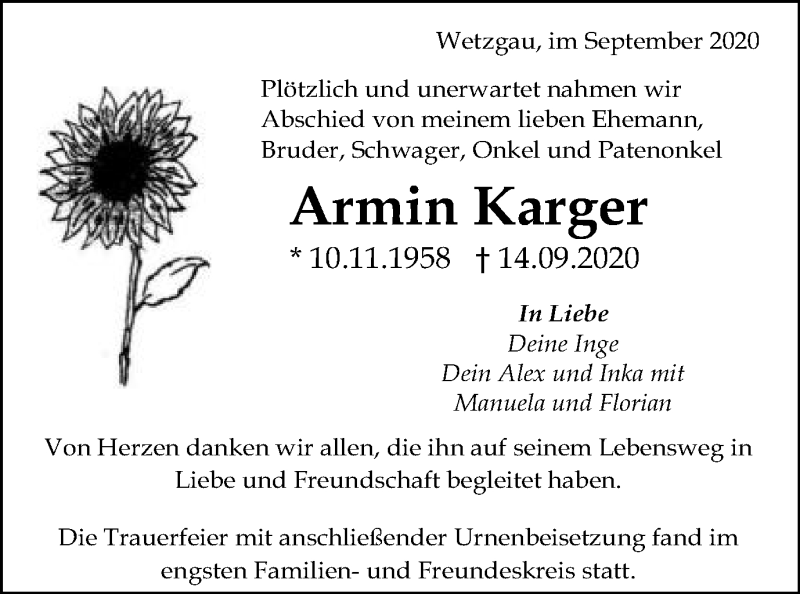  Traueranzeige für Armin Karger vom 28.09.2020 aus Gmünder Tagespost
