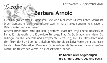 Traueranzeige von Barbara Arnold von Schwäbische Post