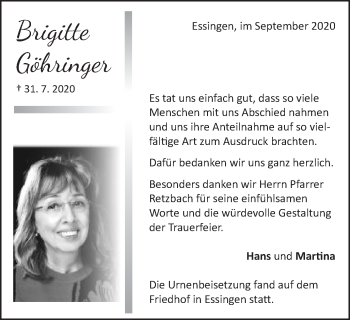 Traueranzeige von Brigitte Göhringer von Schwäbische Post