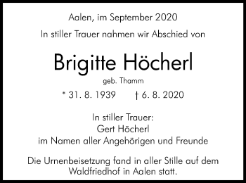 Traueranzeige von Brigitte Höcherl von Schwäbische Post