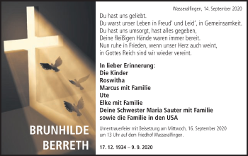 Traueranzeige von Brunhilde Berreth von Schwäbische Post