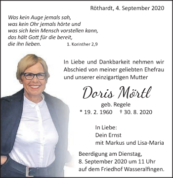 Traueranzeige von Doris Mörtel von Schwäbische Post