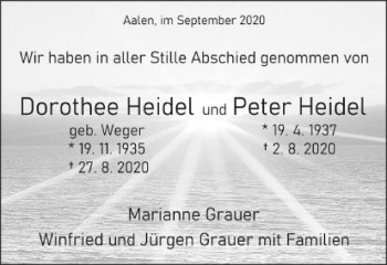 Traueranzeige von Dorothee und Peter Heidel von Schwäbische Post