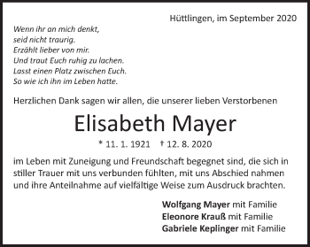 Traueranzeige von Elisabeth Mayer von Schwäbische Post