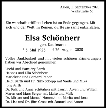 Traueranzeige von Elsa Schönherr von Schwäbische Post