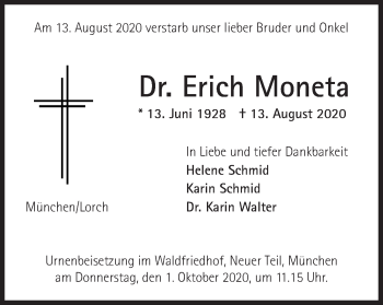 Traueranzeige von Erich Moneta von Gmünder Tagespost