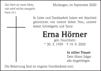 Traueranzeige von Erna Hörner von Gmünder Tagespost