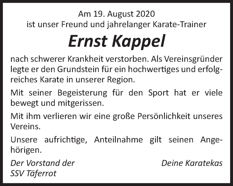  Traueranzeige für Ernst Kappel vom 01.09.2020 aus Gmünder Tagespost