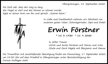Traueranzeige von Erwin Förstner von Gmünder Tagespost