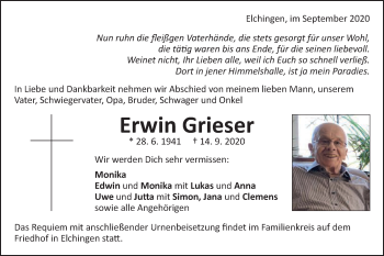 Traueranzeige von Erwin Grieser von Schwäbische Post