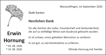 Traueranzeige von Erwin Hornung von Schwäbische Post
