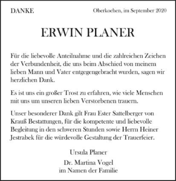 Traueranzeige von Erwin Planer von Amtsblatt_Oko