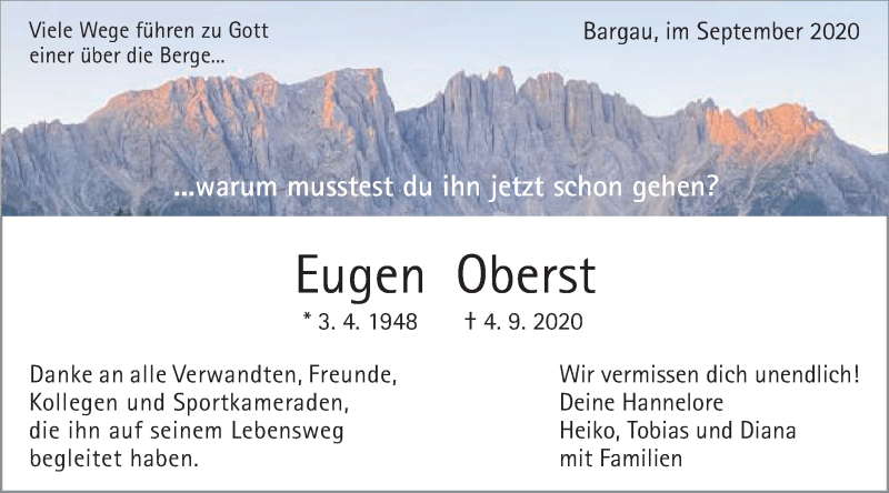  Traueranzeige für Eugen Oberst vom 11.09.2020 aus Gmünder Tagespost