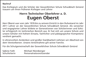 Traueranzeige von Eugen Oberst von Gmünder Tagespost