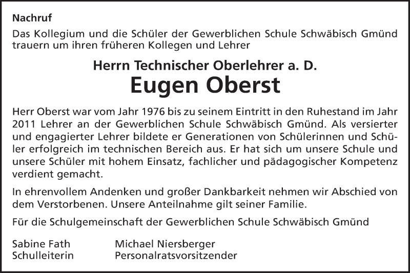  Traueranzeige für Eugen Oberst vom 15.09.2020 aus Gmünder Tagespost