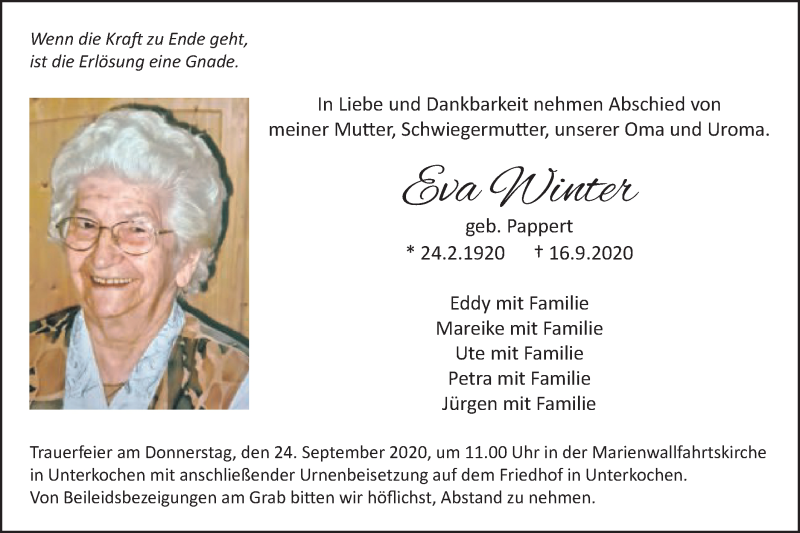  Traueranzeige für Eva Winter vom 22.09.2020 aus Schwäbische Post