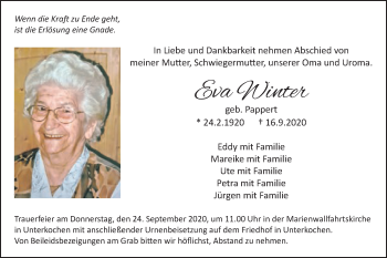 Traueranzeige von Eva Winter von Schwäbische Post