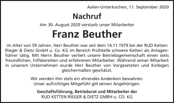Traueranzeige von Franz Beuther von Schwäbische Post