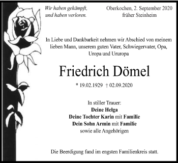 Traueranzeige von Friedrich Dömel von Amtsblatt_Oko