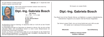 Traueranzeige von Gabriela Bosch von Schwäbische Post