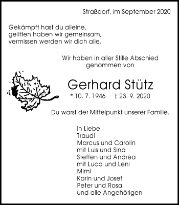 Traueranzeige von Gerhard Stütz von Gmünder Tagespost
