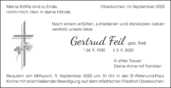 Traueranzeige von Gertrud Feil von Schwäbische Post