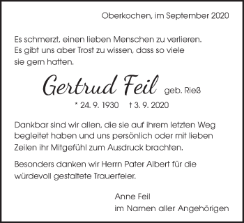 Traueranzeige von Gertrud Feil von Schwäbische Post