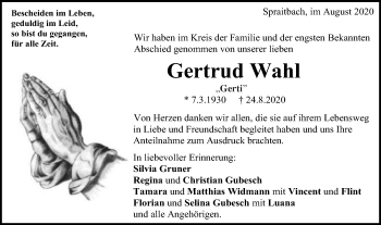 Traueranzeige von Gertrud Wahl von Gmünder Tagespost