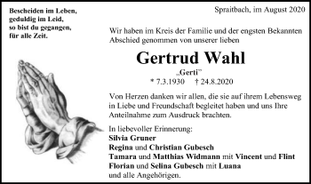 Traueranzeige von Gertrud Wahl